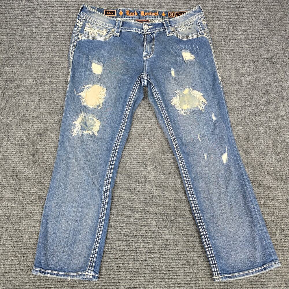 Rock Revival Addie Capri Easy Jeans Womens 31 Blue Distressed Embroidered